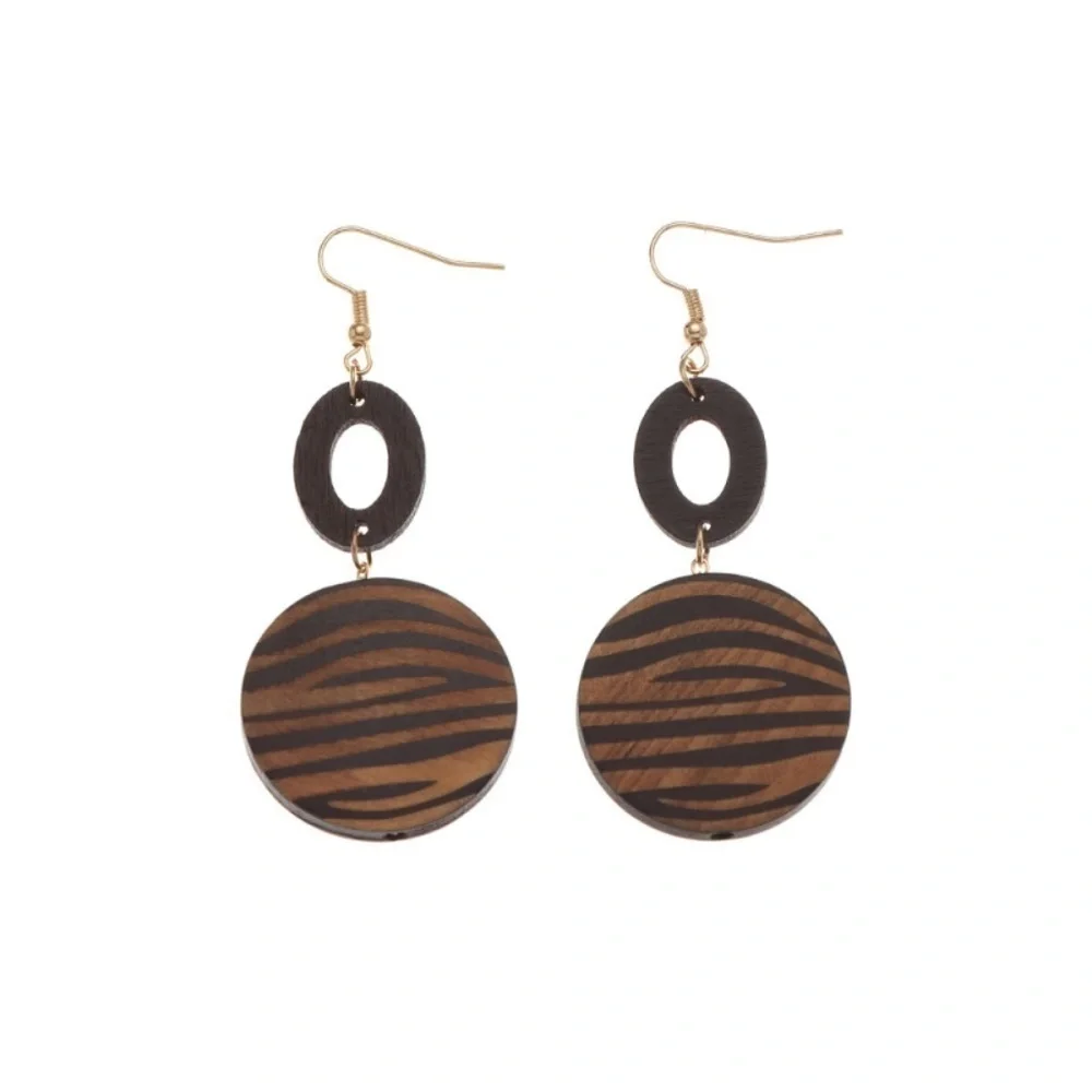 *ANIERA* Dark Brown Simple Round Zebra Print Wooden Fashion Earrings